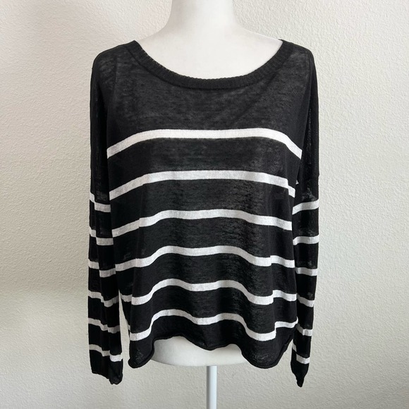 Eileen Fisher Sweaters - Eileen Fisher Black White Stripe Open Knit Linen Blend Relaxed Slouchy Sweater L